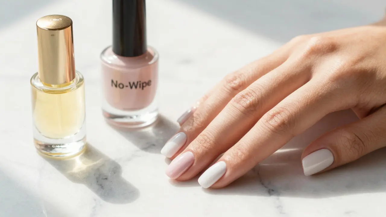 Dokonale čisté a lesklé manikúrované nehty vedle lahvičky s olejem na kůžičky.