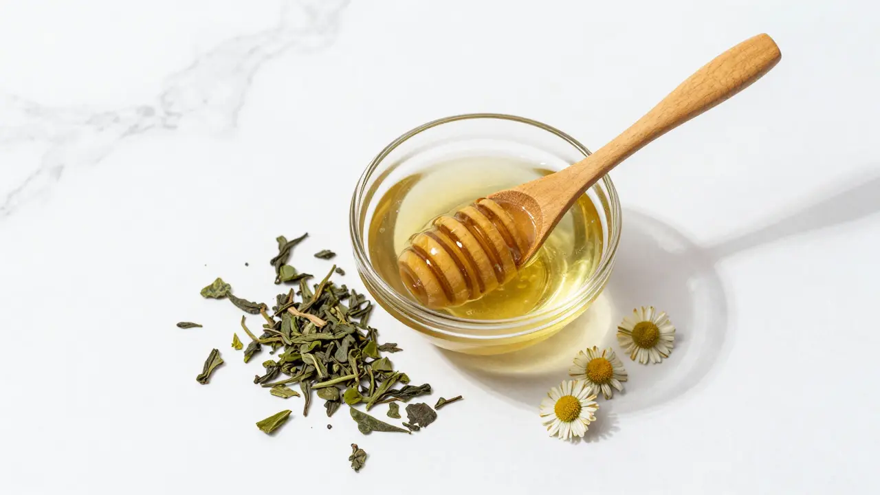 Domácí pleťová maska z zeleného čaje a medu na mramorovém podkladu.
