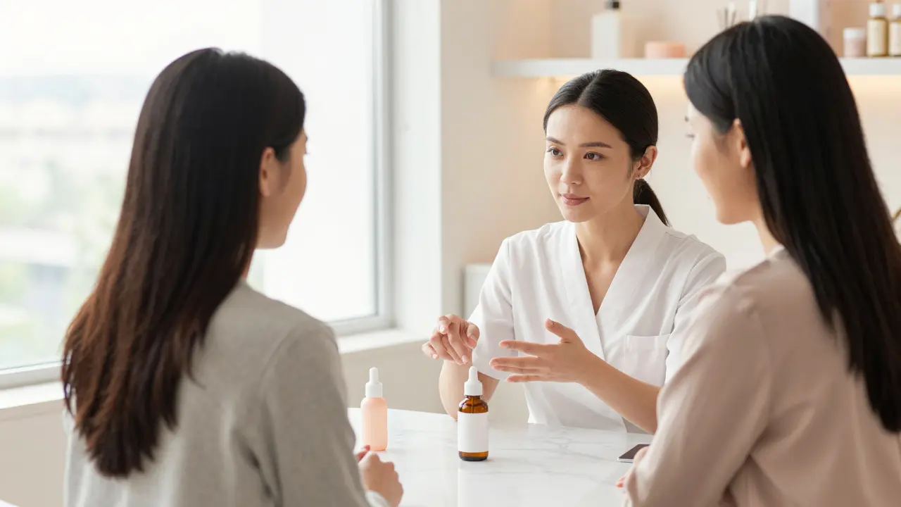 Empatická konzultace mezi profesionální kosmetičkou a její klientkou.