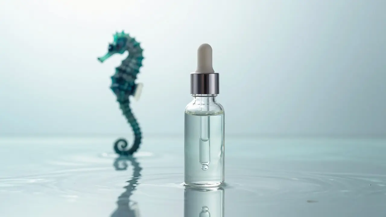 Kístka s mořským kolagenem na hladině vody s rozmazanou siluetou mořského koníka.