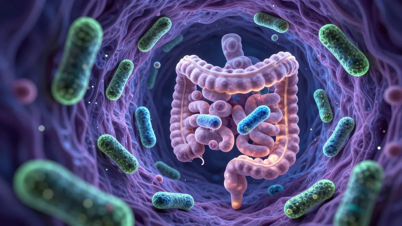 Konceptuální 3D vizualizace zdravého mikrobiomu v lidském střevě.