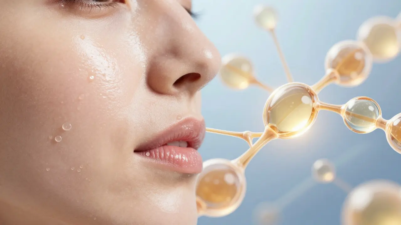 Konceptuální znázornění zdravé pleti a procesu tvorby kolagenových vláken.