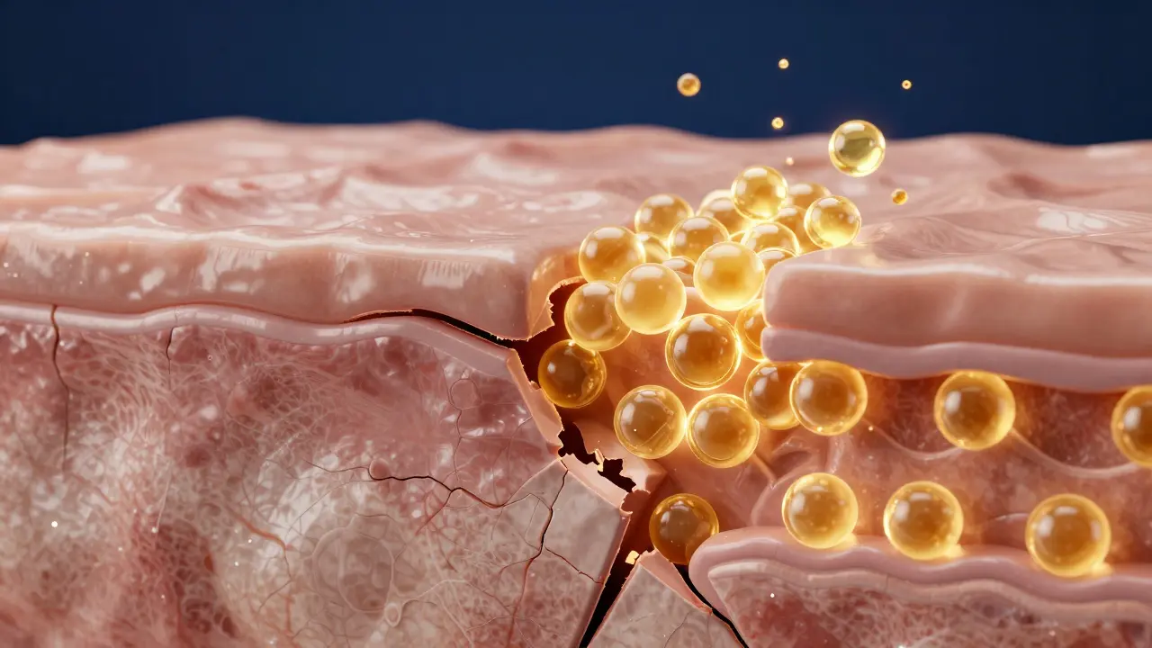 Konceptuální zobrazení obnovy kožní bariéry pomocí ceramidů.