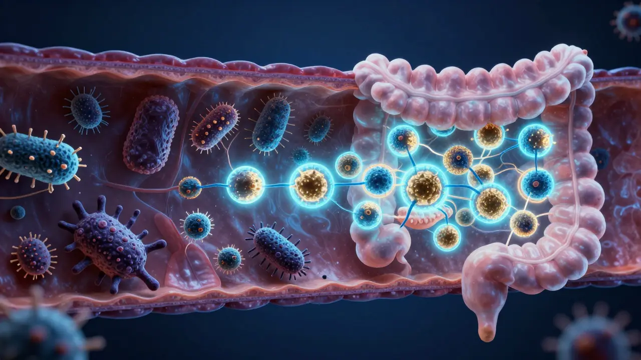 Konceptuální zobrazení probiotik bojujících proti škodlivým bakteriím ve střevě.