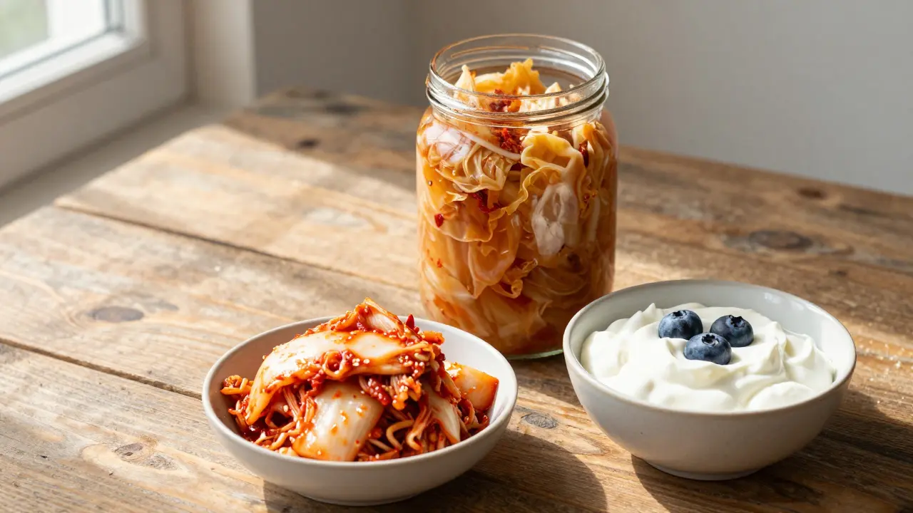 Kysané zelí, kimchi a řecký jogurt na rustikálním dřevěném stole.