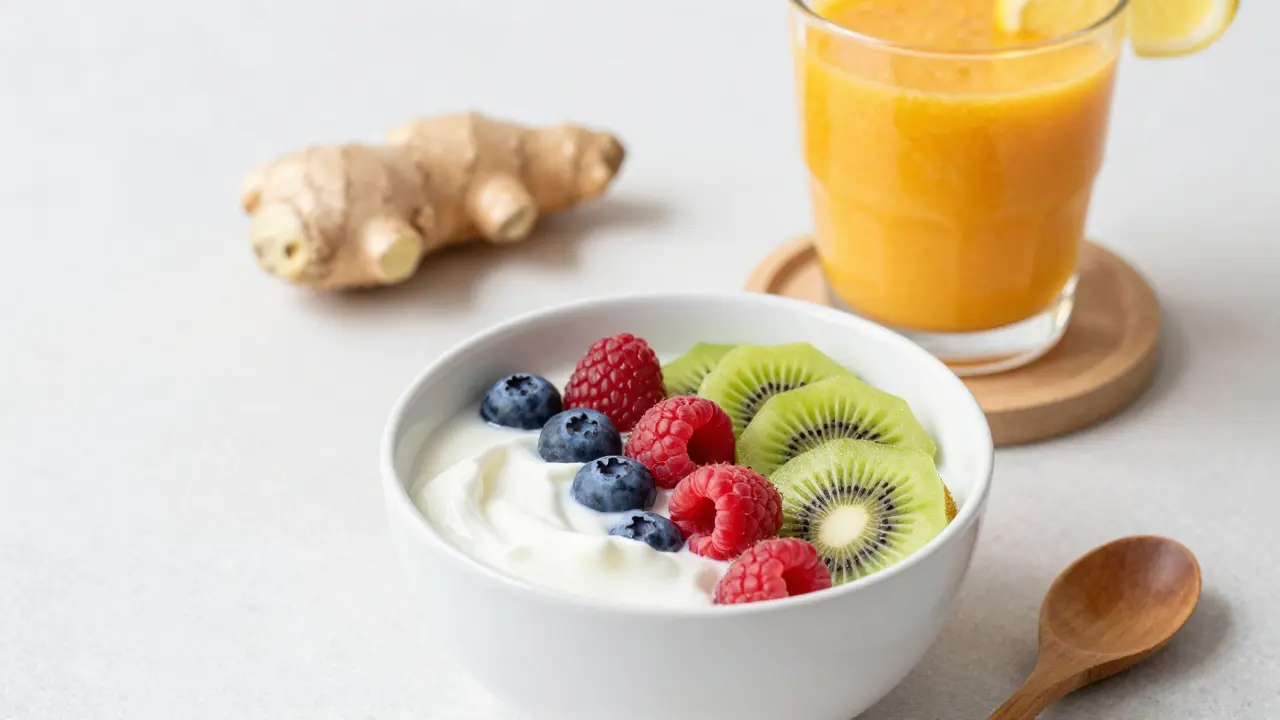 Misky jogurtu s borůvkami, malinami a kiwi vedle sklenice oranžového smoothie.