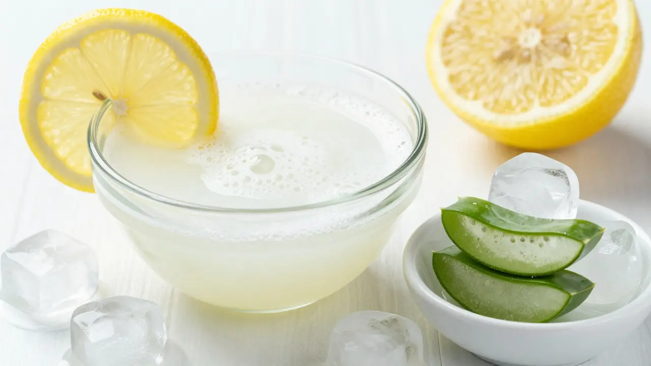 Misky s bílou aloe vera šťávou, plátkem citronu a zmraženými kostkami gelu.