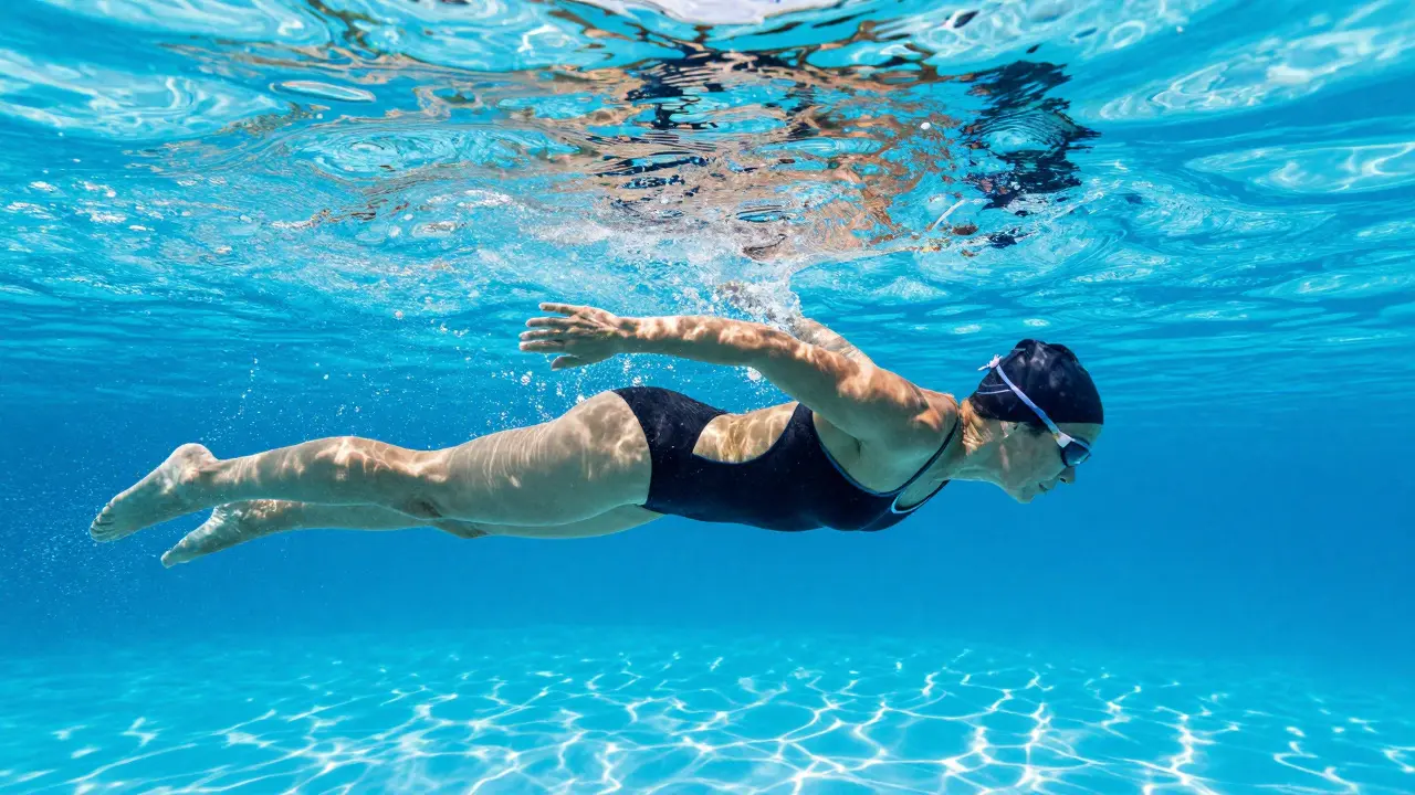 Osoba plavící v bazénu, symbolizující pohyb a zotavení kyčlí.