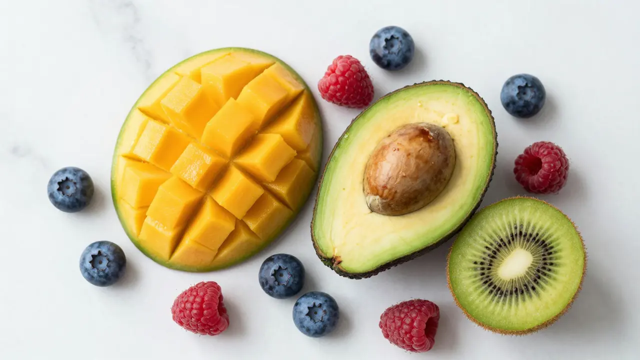 Plátky zralého manga, avokáda a kiwi s borůvkami na bílém mramoru.