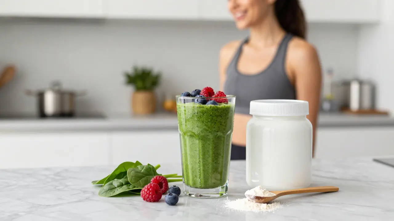 Ranní smoothie s doplňkem stravy v moderní kuchyni jako součást zdravého životního stylu.