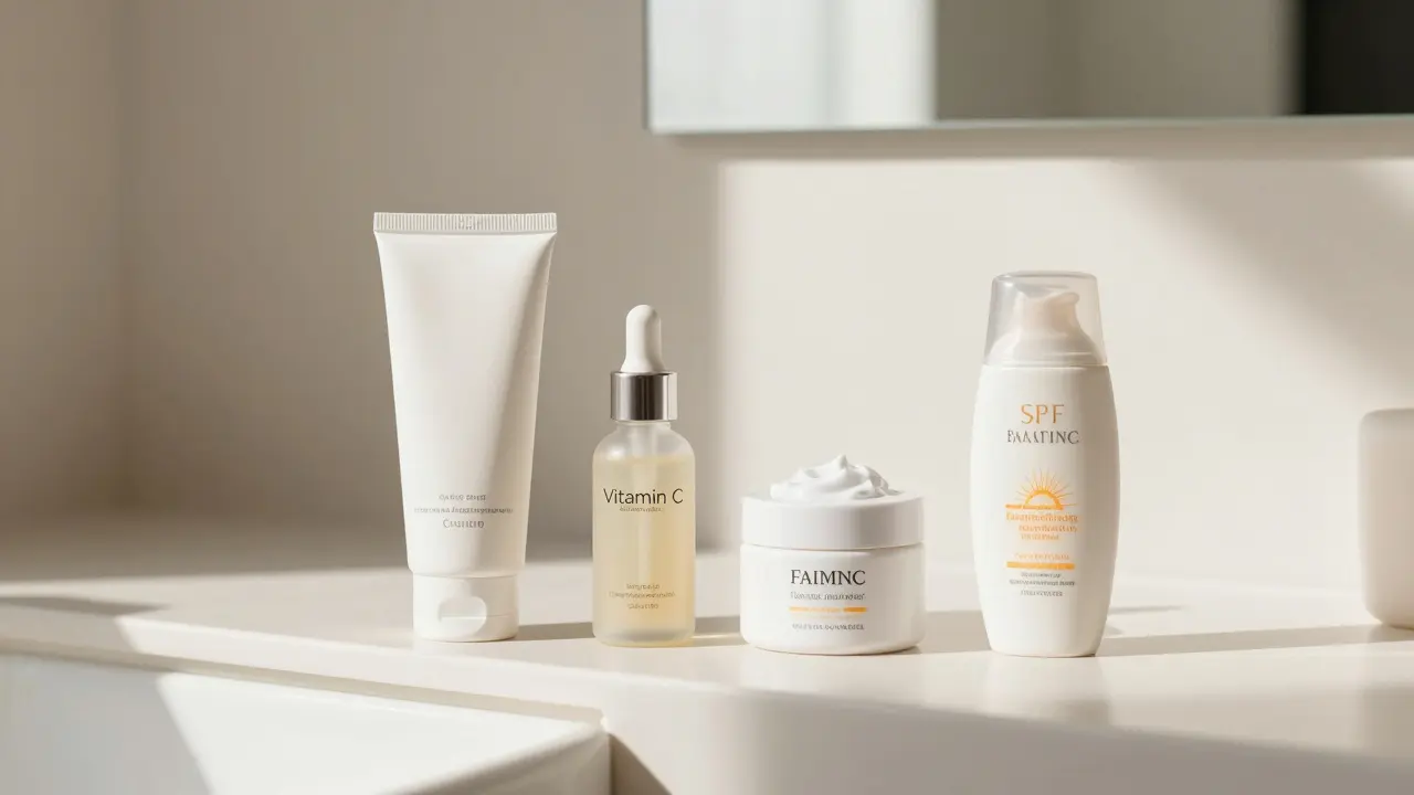 Sada produktů pro ranní rutinu péče o pleť s SPF ochranou.
