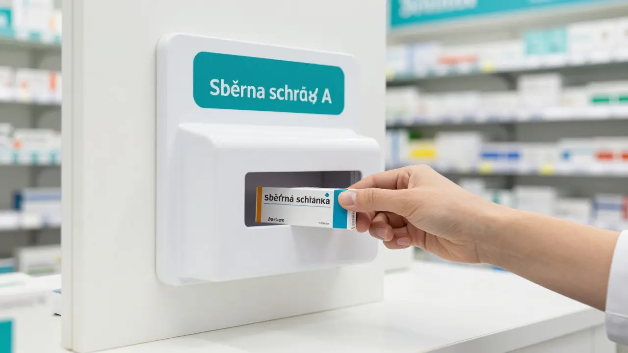 Sběrná schránka na nepotřebné léky v interiéru moderní lékárny.