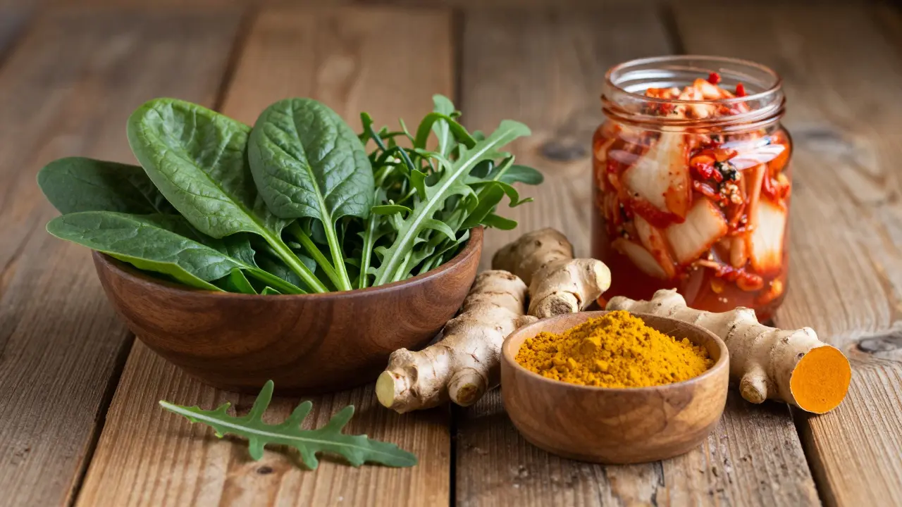 Sestava zdravých potravin včetně špenátu, zázvoru, kurkumy a kimchi.