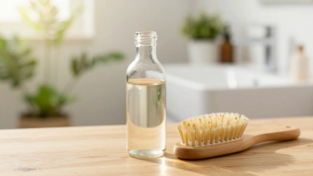 Skleněná láhev s octem a kvalitní kartáč na vlasy na dřevěném podložce.
