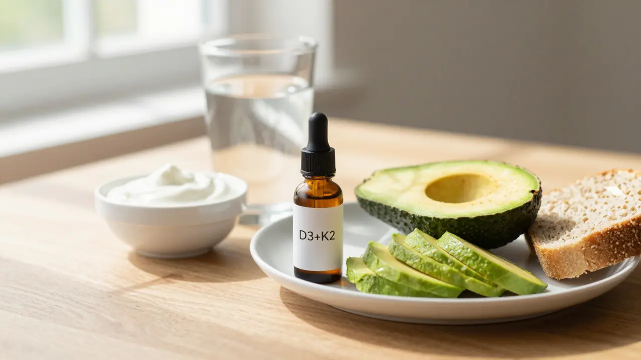 Snídaně s avokádem a doplňkem stravy vitamín D3+K2 v ranním sluníčku.