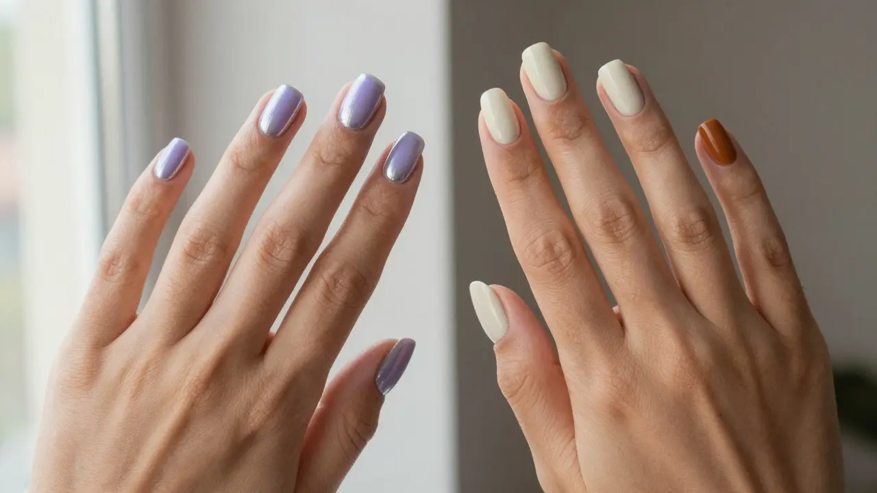 Srovnání barev nehtů podle podtónu pleti, od pastelů po terakotu.