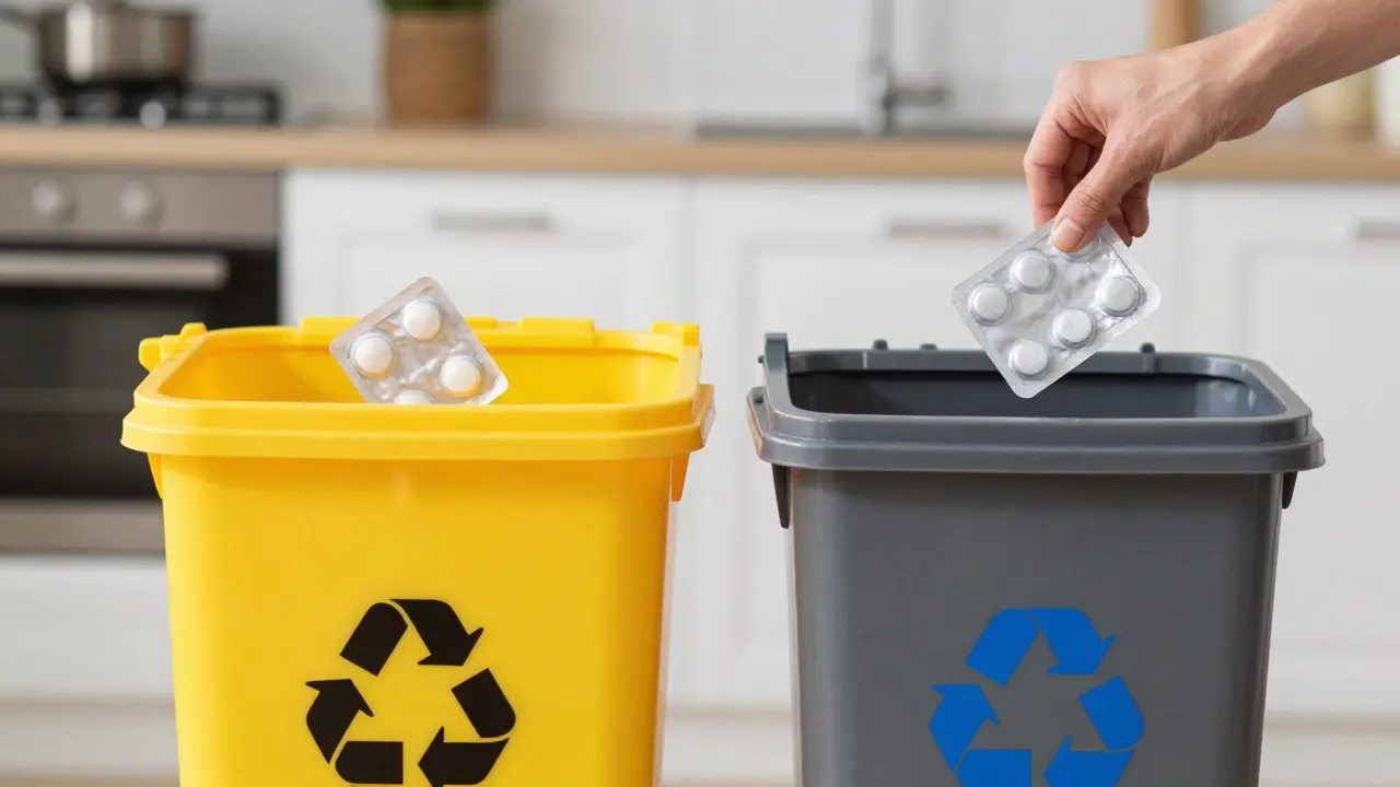 Srovnání správného a špatného vyhození blistrů do kontejnerů.