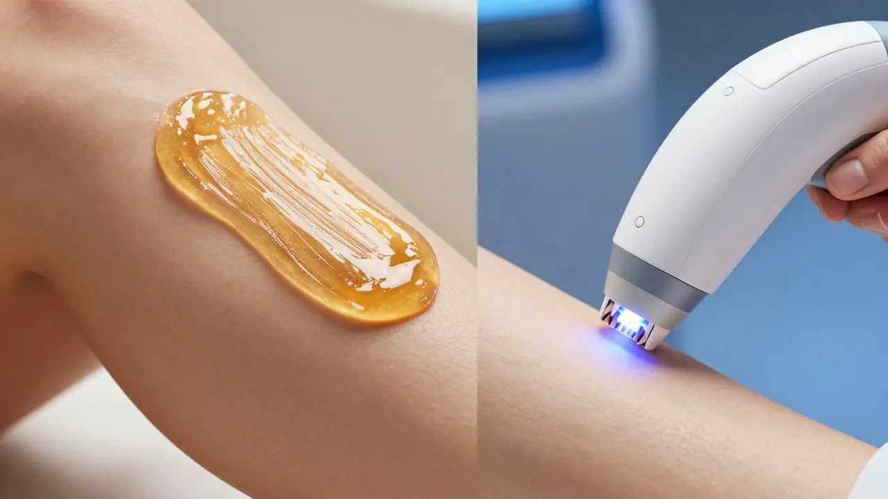 Srovnání zlaté cukrové pasty pro depilaci a moderního laserového přístroje na kůži.