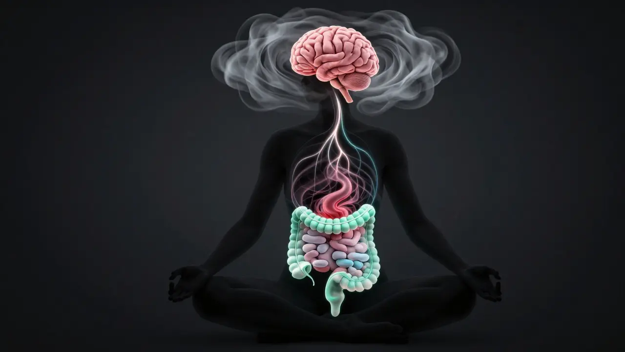 Umělecké znázornění propojení mozku a střev při zvládání stresu.