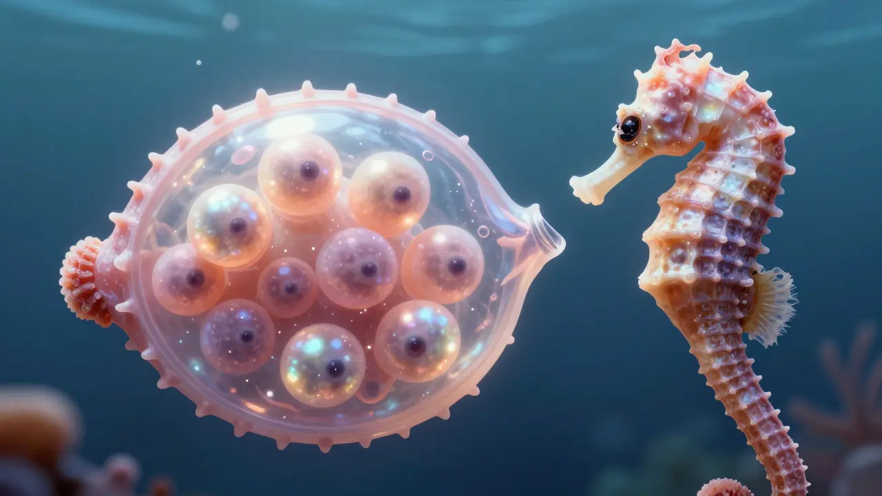 Umělecký detail samce mořského koníka s embryy v inkubačním vaku.