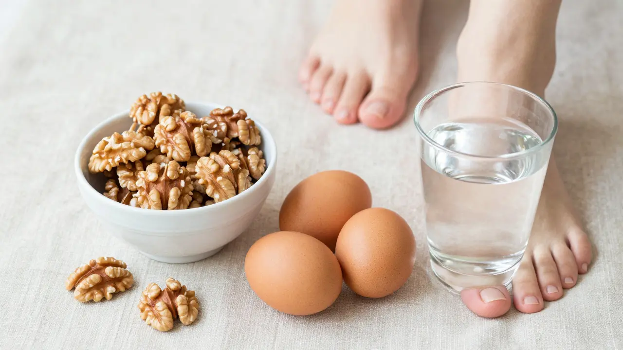 Zdravá výživa s vlašskými ořechy a vejci pro podporu růstu silných nehtů.