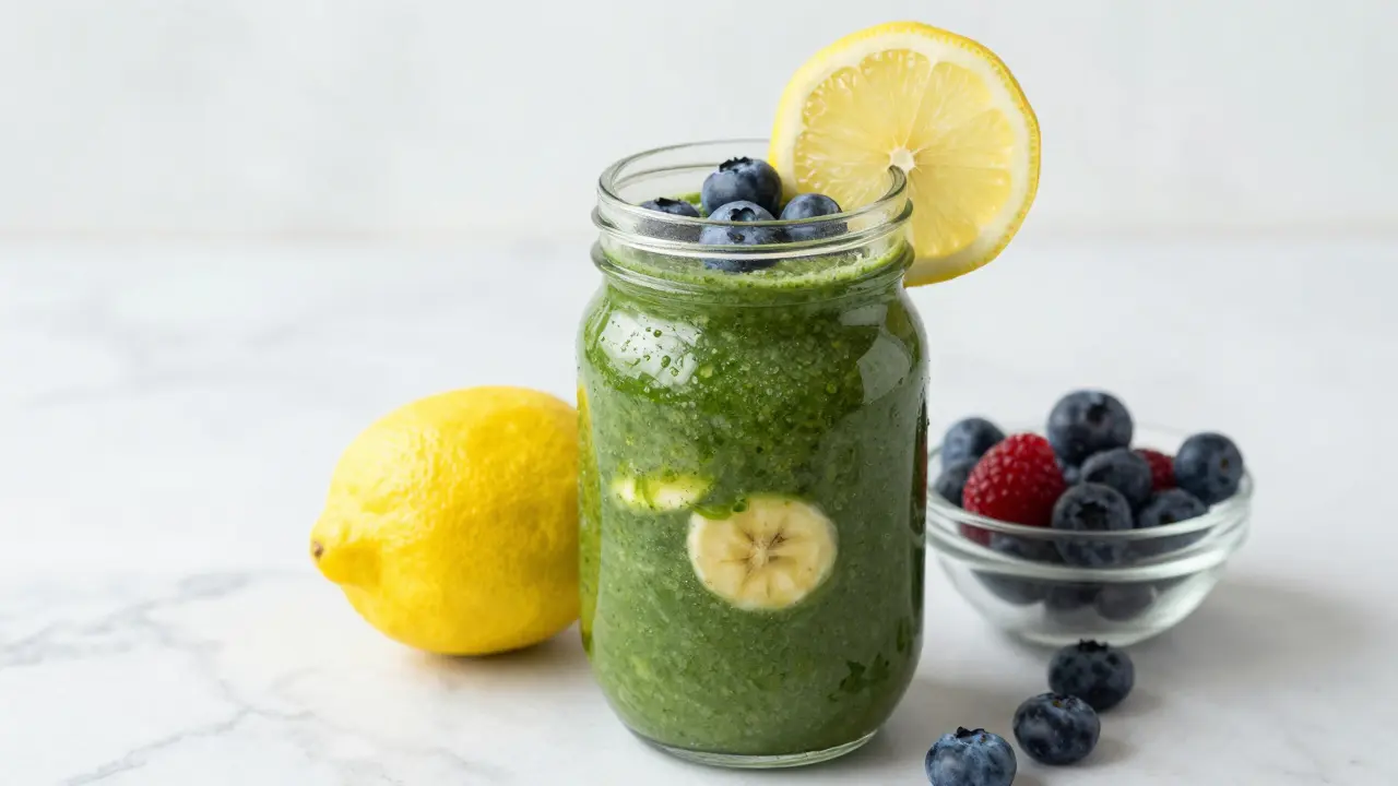 Zdravý zelený smoothie s plody borůvek a citronem pro podporu kolagenu.