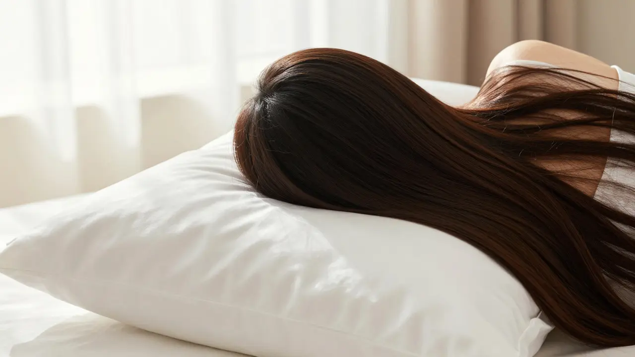 Žena spící na hedvábném polště pro pěi o upravované vlasy.
