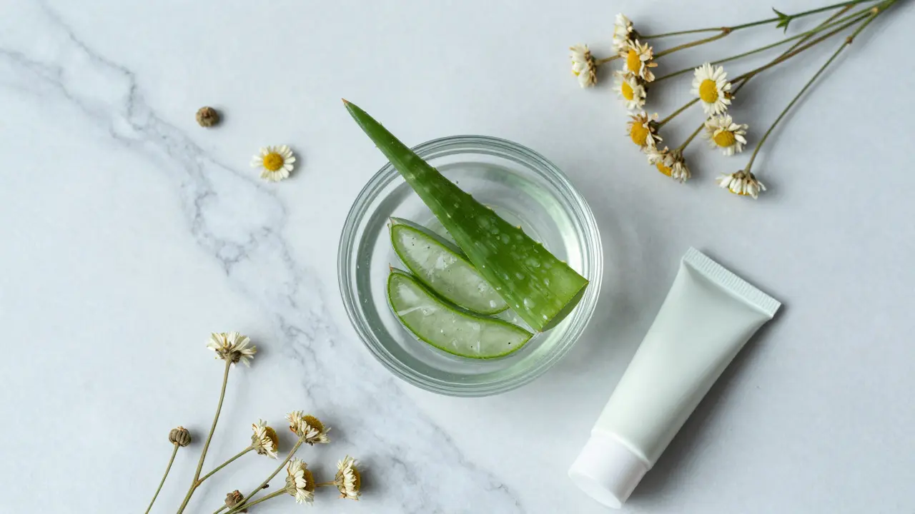 Aloe vera a heřmánek na mramorové desce pro péči o pleť