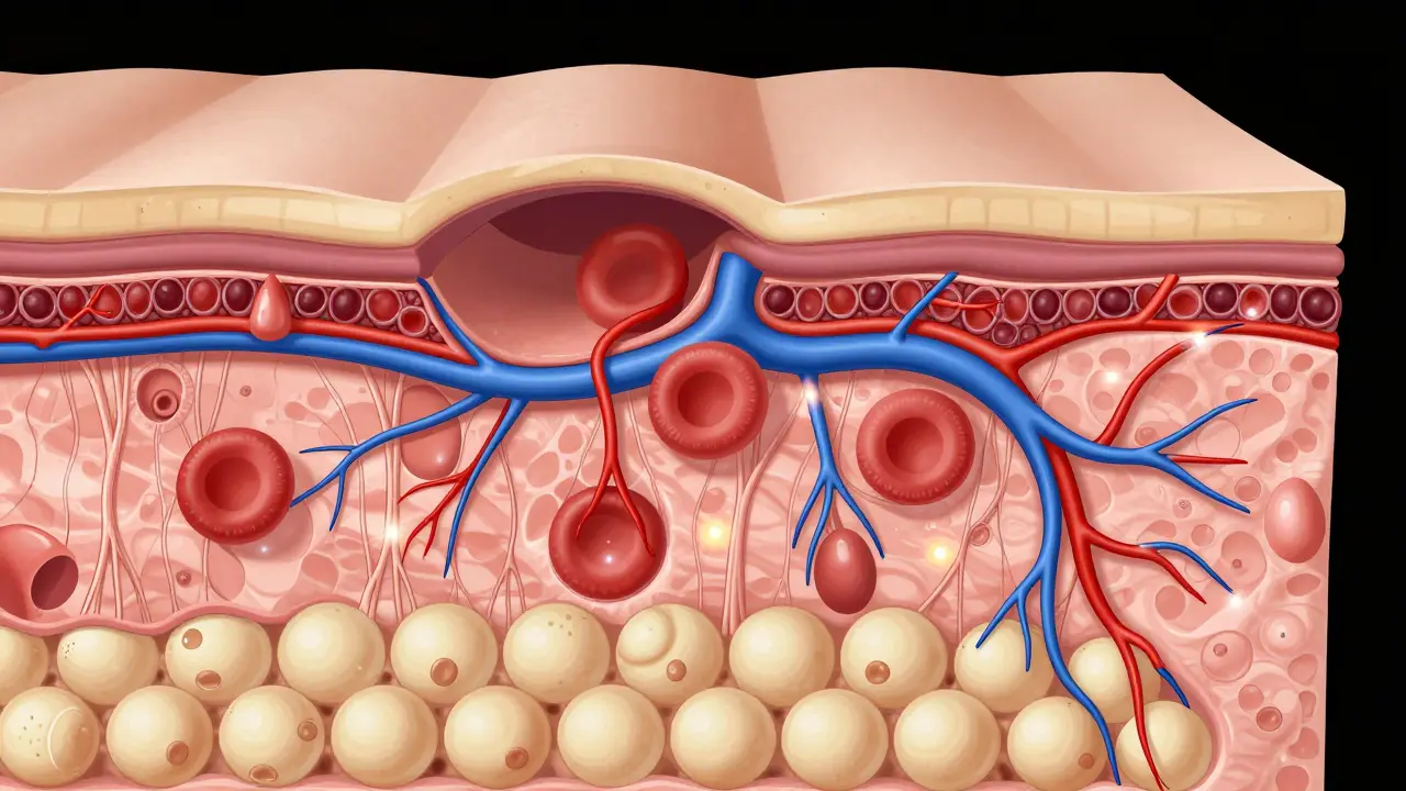 Detailní anatomický řez vrstvami lidské kůže