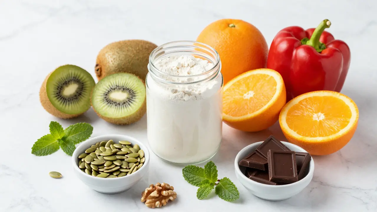 Kolagenový prášek vedle ovoce bohatého na vitamín C a ořechů