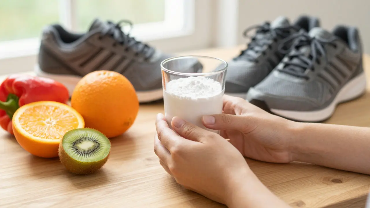 Sklenice s kolagenem vedle ovoce bohatého na vitamín C a sportovních bot
