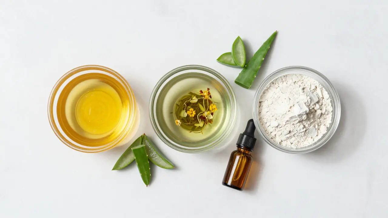 Tři skleněné misky s domácími maskami z aloe vera na mramorovém povrchu