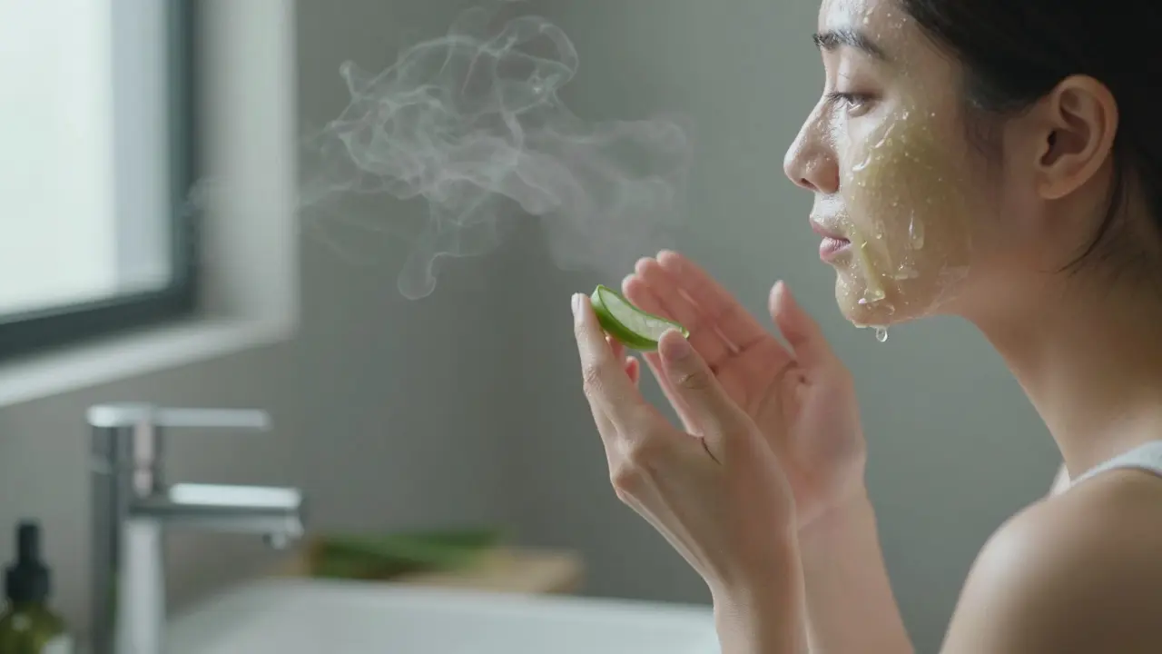 Žena si jemně nanáší hydratační masku z aloe vera na obličej