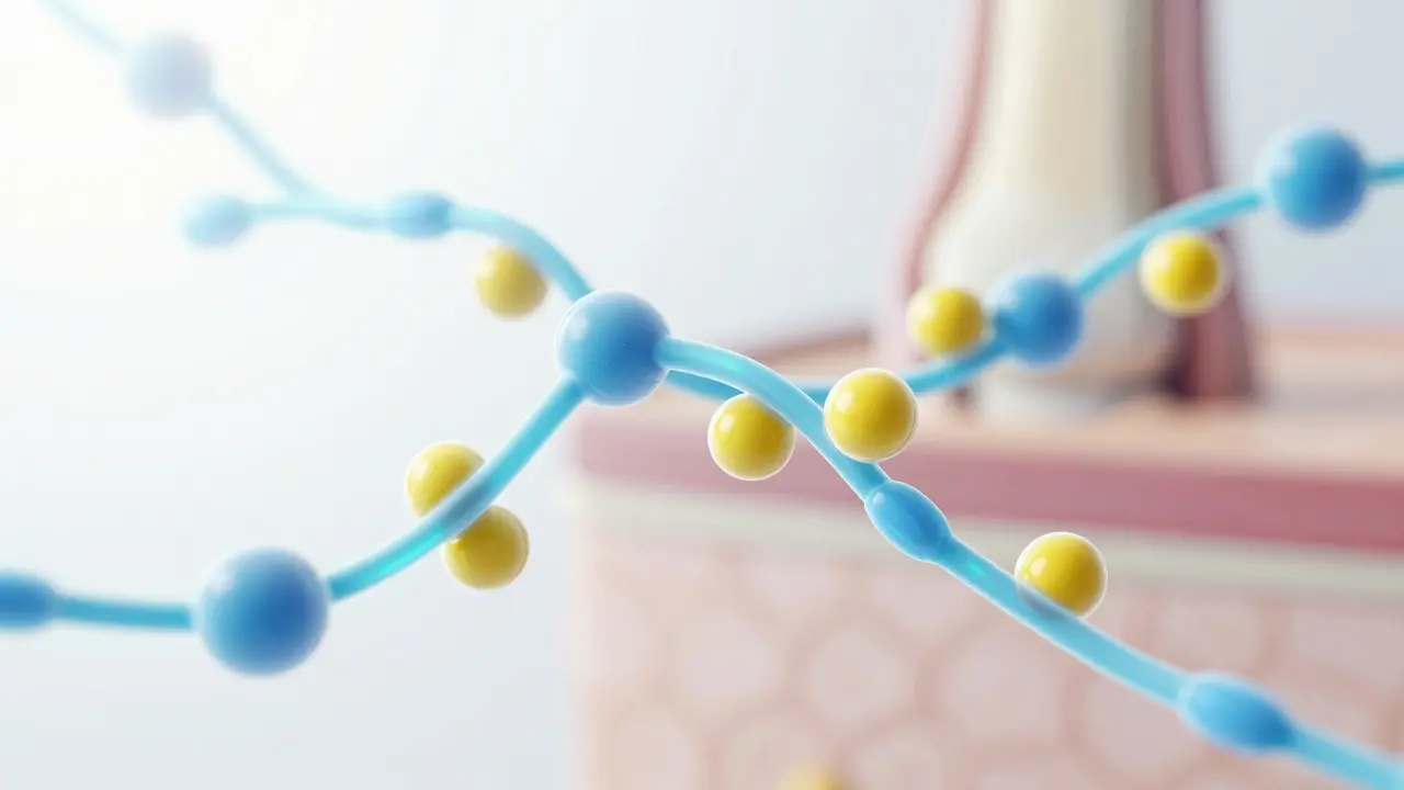 Abstraktní zobrazení molekul kolagenu a vitamínu C ve vodě