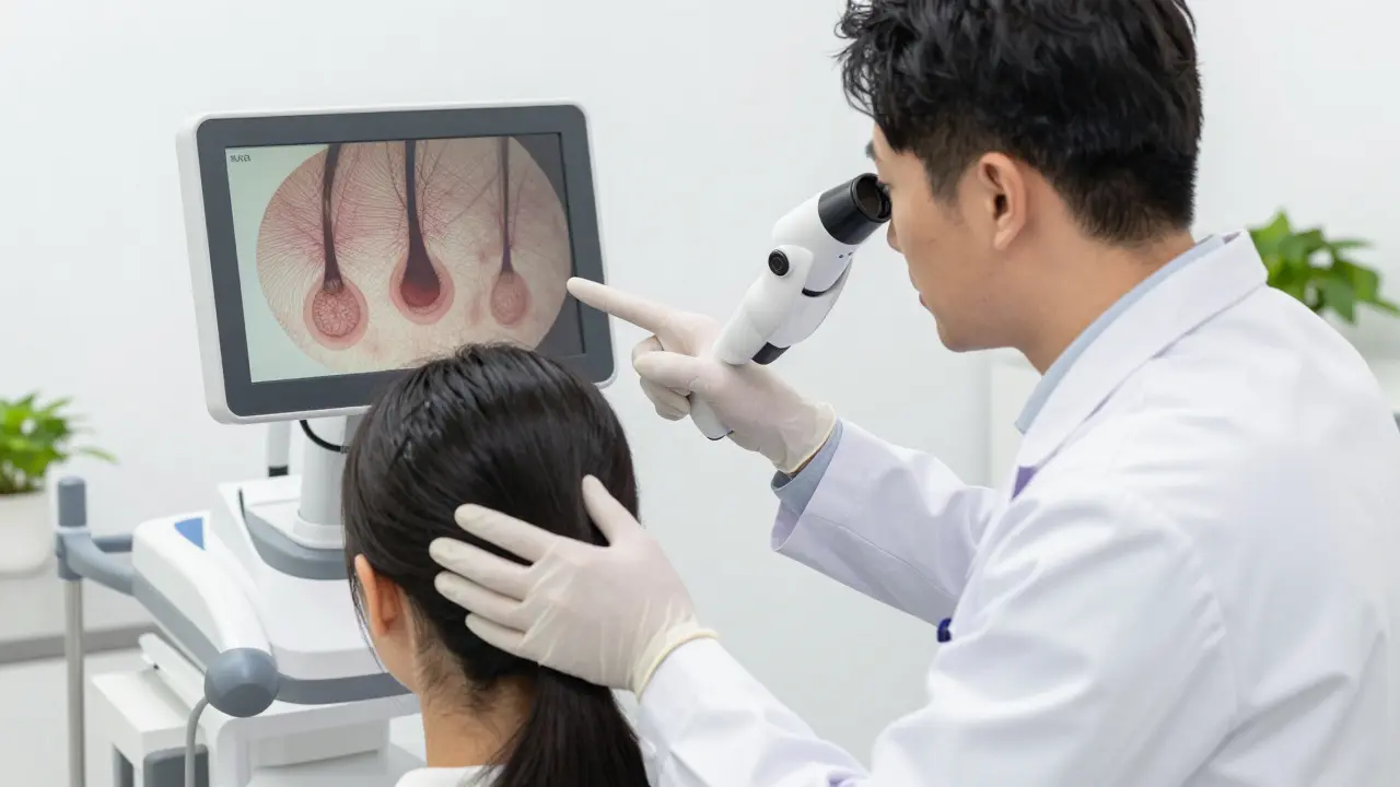 Dermatolog vyšetřuje pokožku hlavy pacienta pomocí dermoskopu