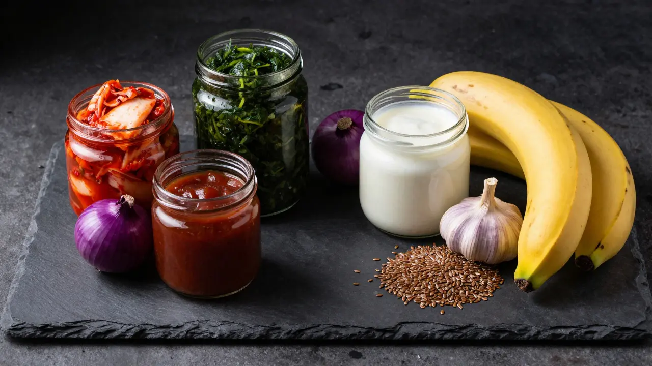 Fermentované potraviny jako kimchi a kefír vedle prebiotik jako cibule a banány