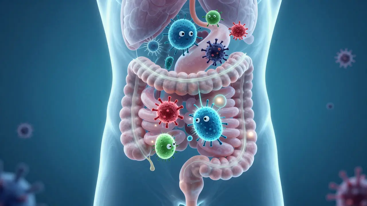 Ilustrace střevního mikrobiomu s prospěšnými bakteriemi bojujícími proti patogenům