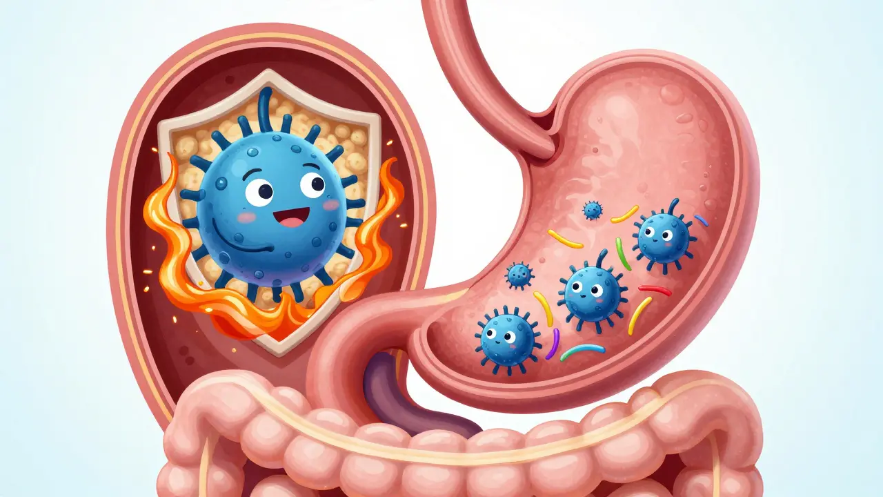 Konceptuální ilustrace bakterií přežívajících žaludek a prosperujících ve střevech