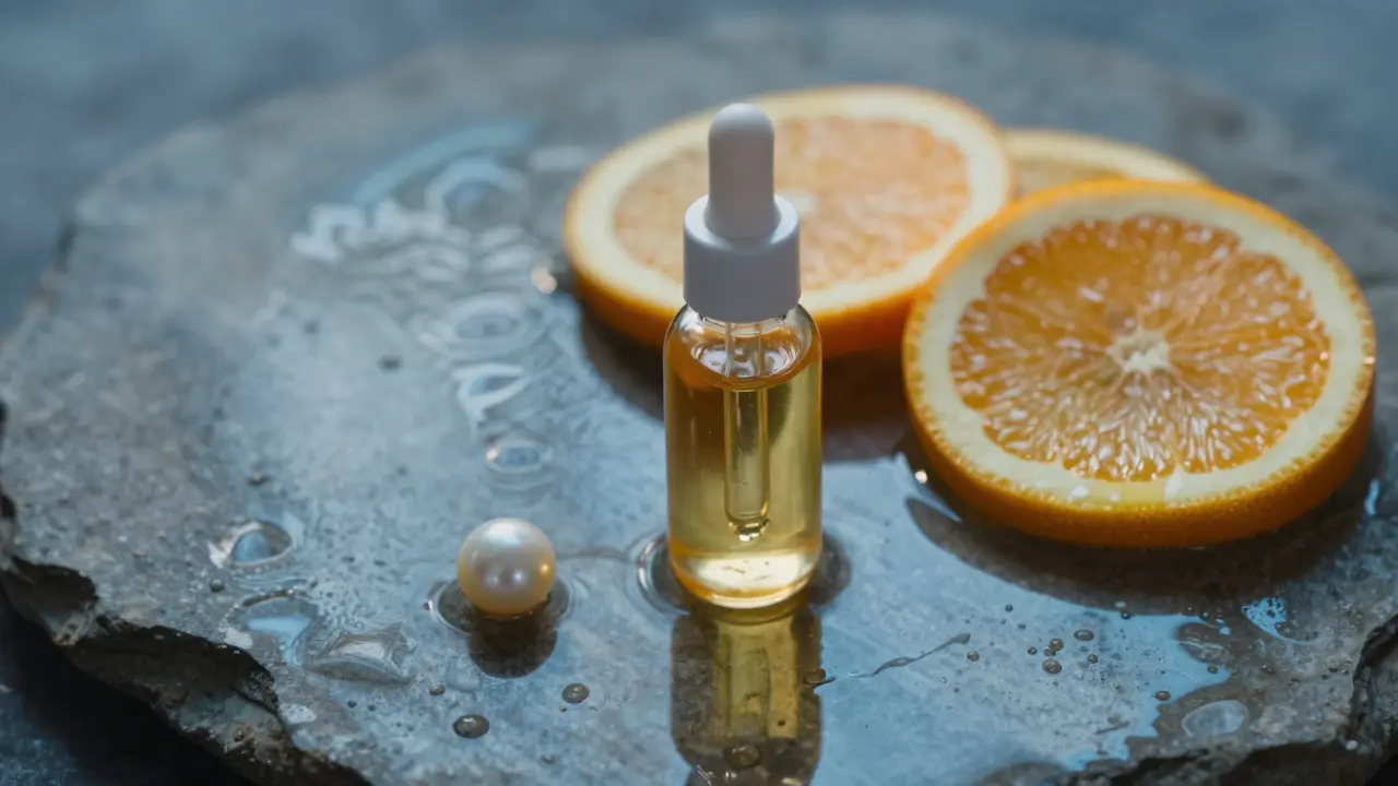 Kvapkadlo se sérem, citrony a perla na kamenném podkladu