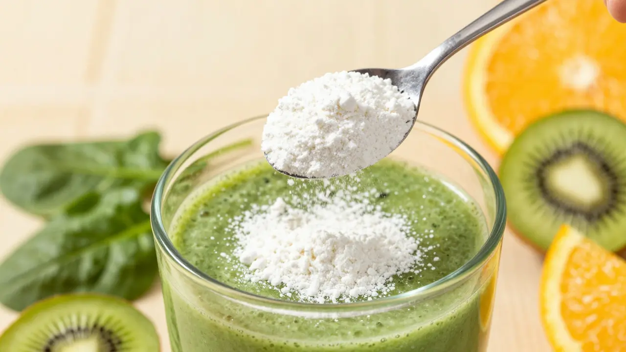 Lžíce bílého kolagenového prášku přidaná do zeleného smoothie s ovocem