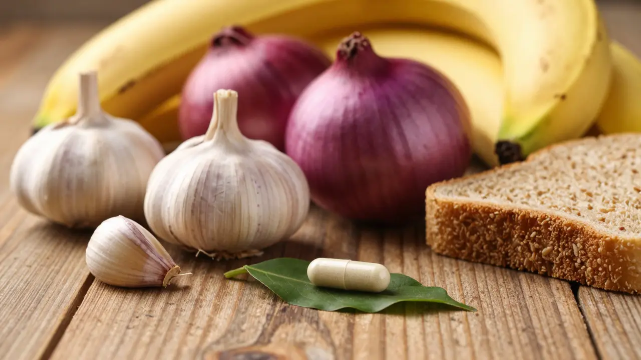 Prebiotické potraviny jako česnek a banány s probiotickou kapslí na dřevěném stole