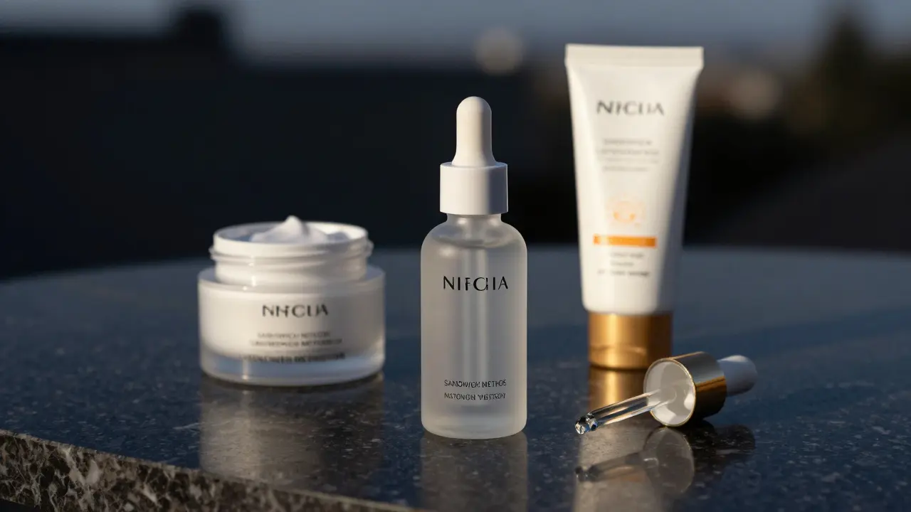 Retinol sérum, hydratační krém a opalovací krém pro noční rutinu