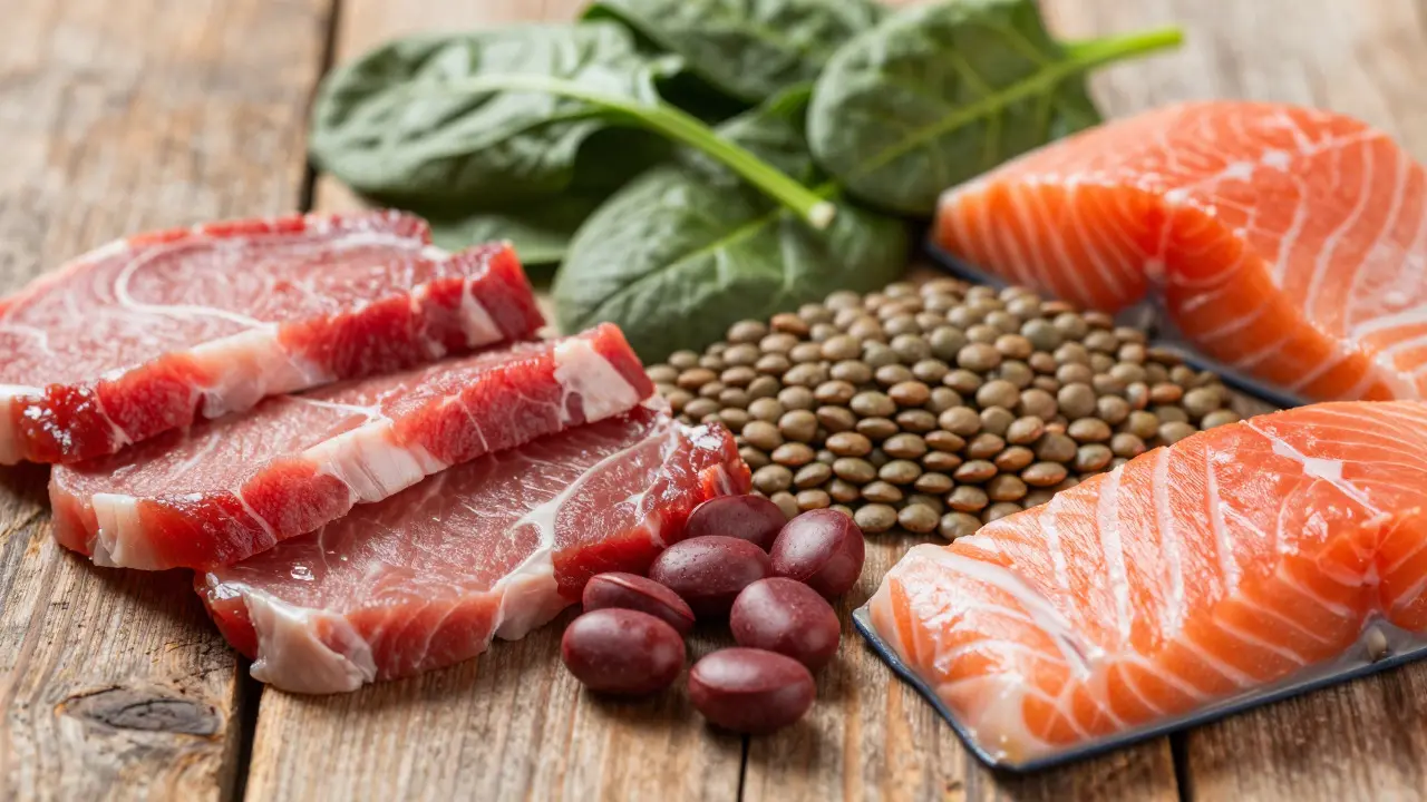 Čerstvé potraviny bohaté na železo a vitamíny B na dřevěném stole