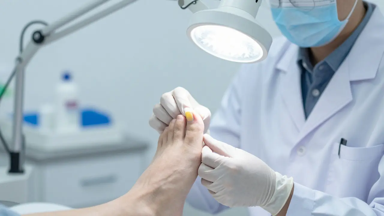 Dermatolog vyšetřuje žlutý nehet na noze pacienta