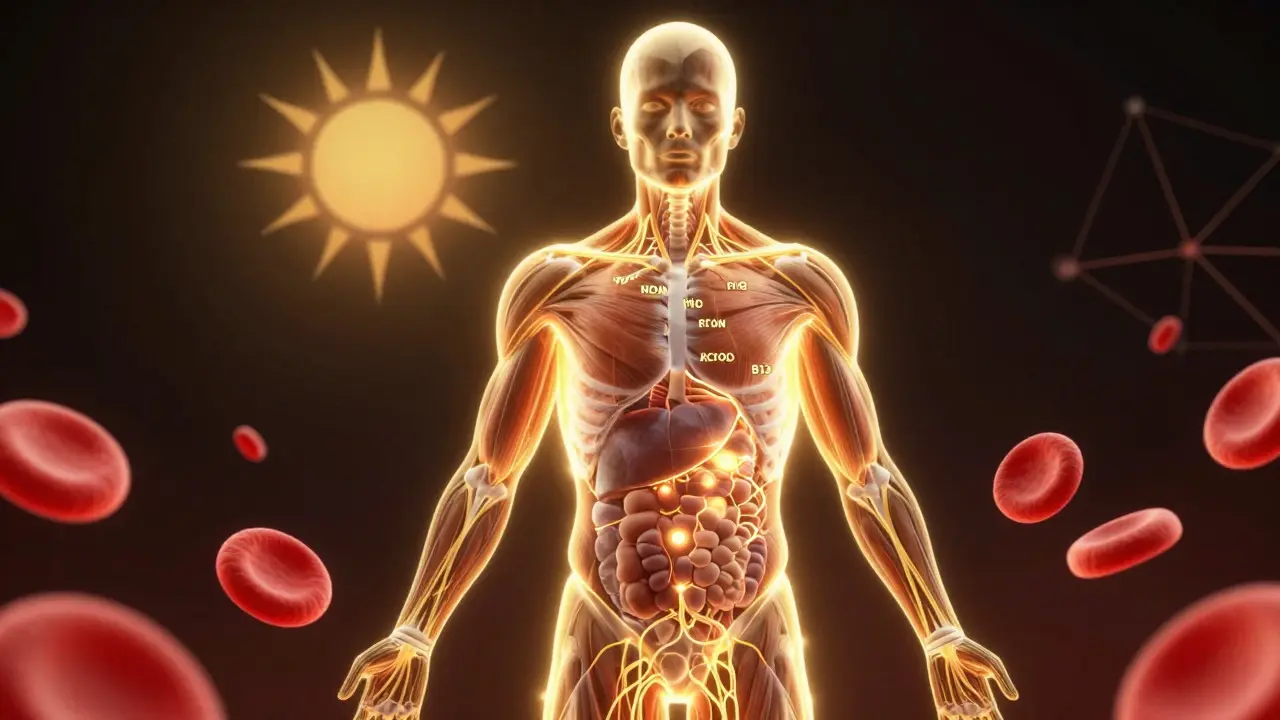 Konceptuální ilustrace lidského těla plného energie díky vitamínům