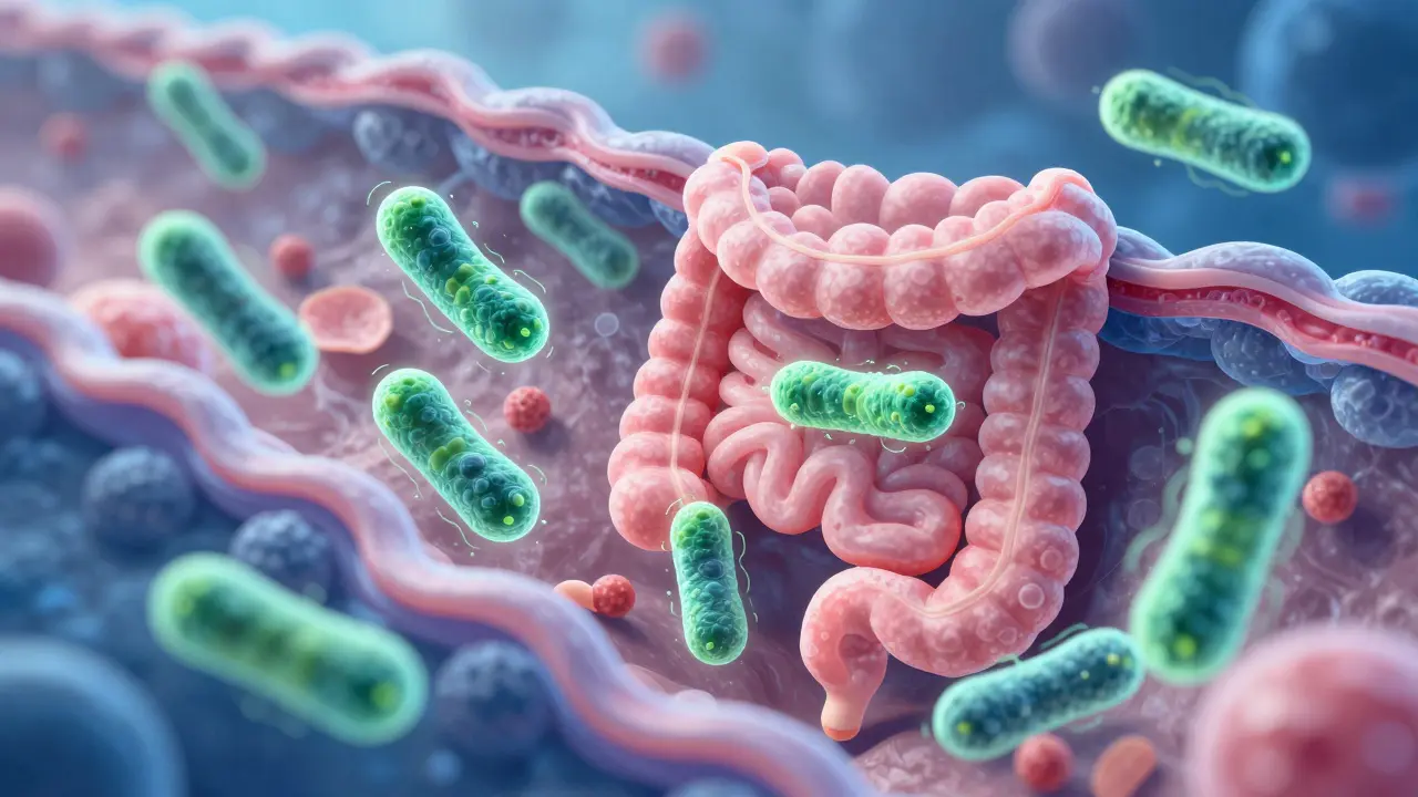 Konceptuální ilustrace probiotik obnovujících střevní mikroflóru
