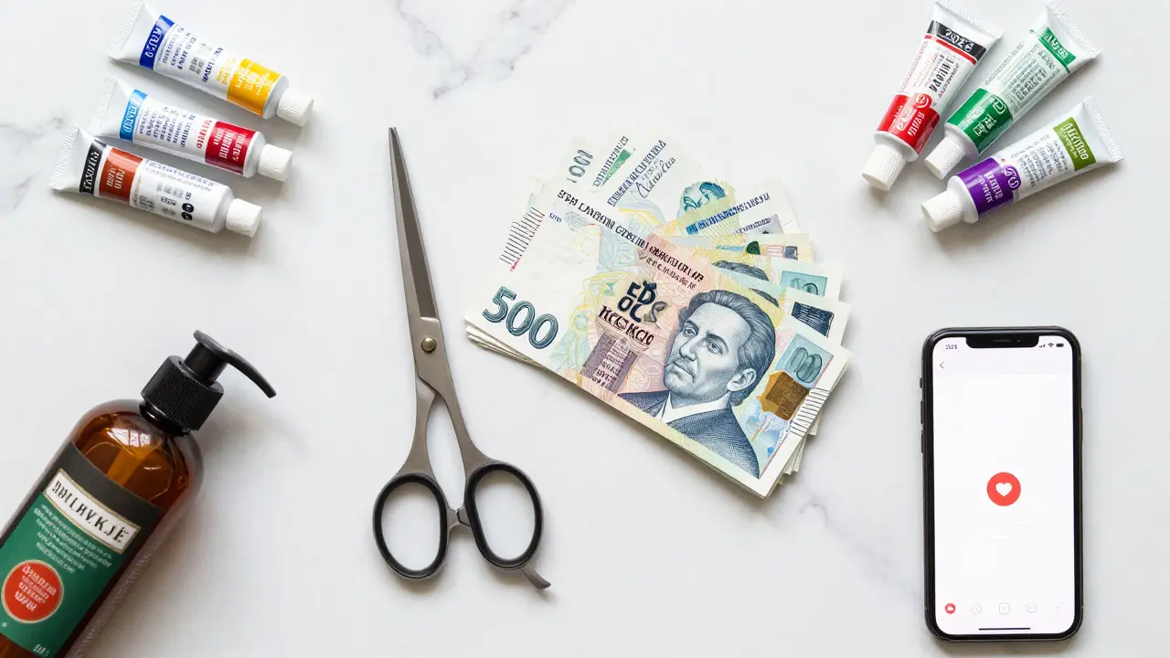 Nůžky, peníze a kosmetika na mramorovém stole symbolizují výdělek