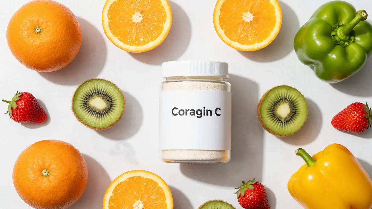 Ovoce bohaté na vitamín C kolem nádoby s práškem kolagenu