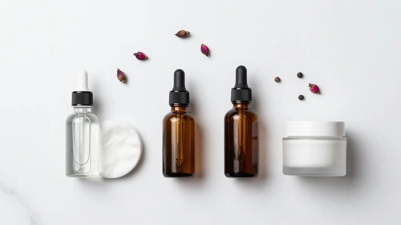 Rozložení kosmetických produktů: toner, sérum, olej a krém