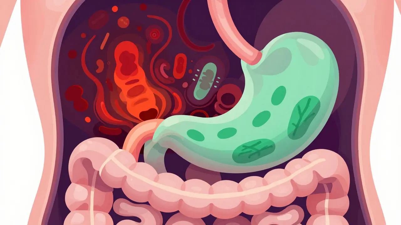 Abstraktní ilustrace trávicího traktu ukazující nerovnováhu bakterií